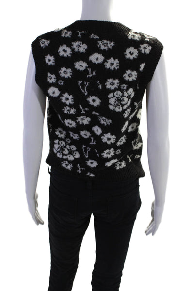 ASTR Womens V Neck Knit Floral Printed Sweater Vest Black White Size Large