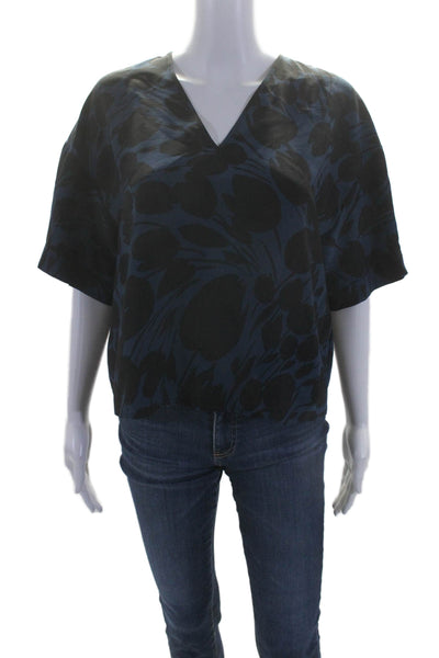 No. 6 Store Womens Silk Blue Floral V-Neck Short Sleeve Blouse Top Size 2