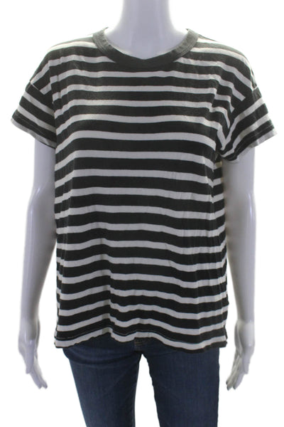 The Great Womens Cotton Black White Striped Crew Neck Short Sleeve Tee Top Size1