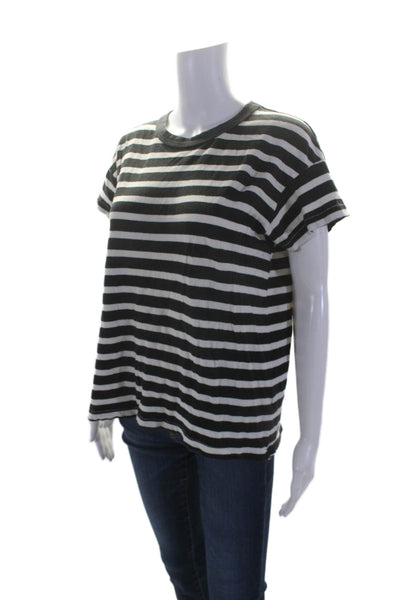 The Great Womens Cotton Black White Striped Crew Neck Short Sleeve Tee Top Size1