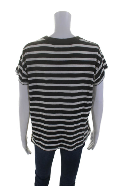 The Great Womens Cotton Black White Striped Crew Neck Short Sleeve Tee Top Size1