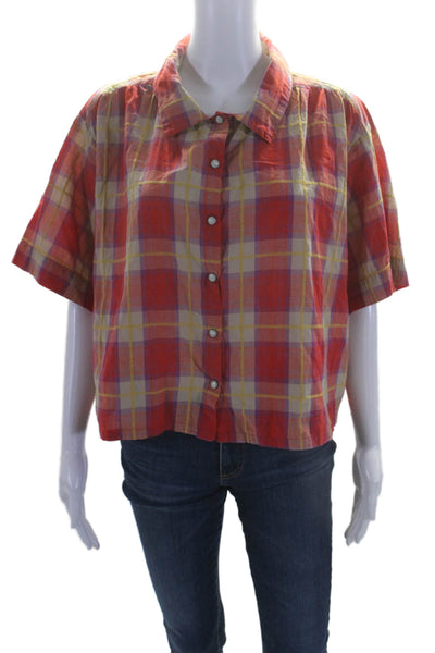 The Great Womens Red Cotton Blend Plaid Short Sleeve Button Down Shirt Size 2