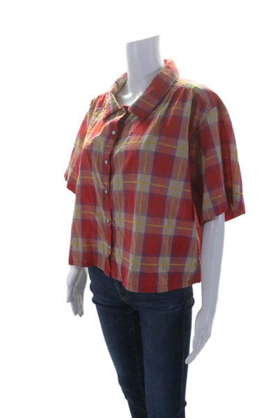 The Great Womens Red Cotton Blend Plaid Short Sleeve Button Down Shirt Size 2