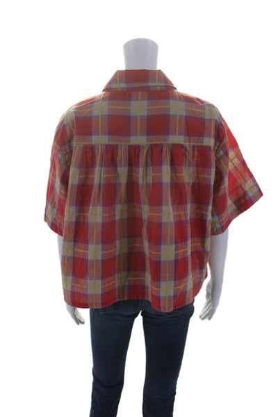 The Great Womens Red Cotton Blend Plaid Short Sleeve Button Down Shirt Size 2