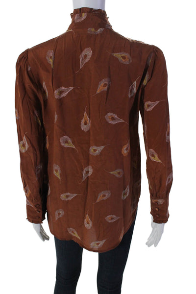 Madewell Womens Silk Long Sleeve Feather Print Tie Collar Blouse Brown Size S