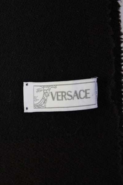 Versace Womens Skinny Width Fringe Logo Scarf Brown Black Wool