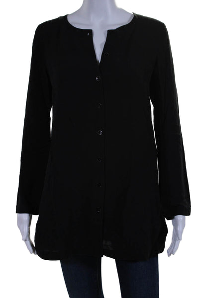 Eileen Fisher Womens Silk Black Long Sleeve Button Down Tunic Shirt Size XXS