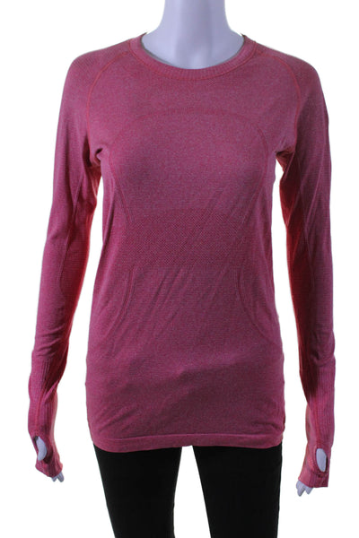 Lululemon Womens Textured Round Neck Long Sleeve Ribbed Top Pink Size S