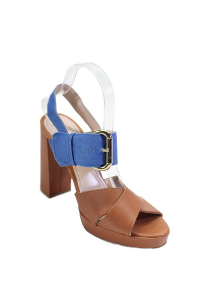 Dylan Skye Womens Leather Denim Block Heel Slingback Heels Brown Blue Size 40