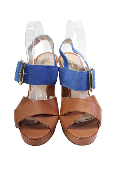 Dylan Skye Womens Leather Denim Block Heel Slingback Heels Brown Blue Size 40