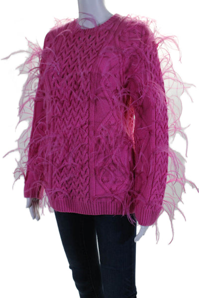 Valentino Womens Wool Pink Ostrich Feather Detail Crew Neck Sweater Top Size XS