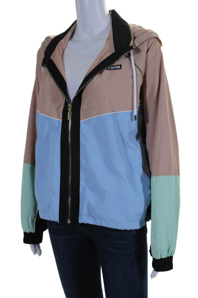 PE Nation Womens Blue Nude Combo Zip Up Hooded Long Sleeve Jacket Size S