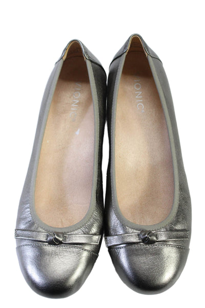 Vionic Womens Textured Bow Tie Front Slip On Metallic Flats Gray Size 9