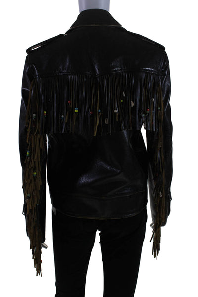 Alanui Womens Leather Fringe Trim Long Sleeves Full Zipper Jacket Black Size Sma