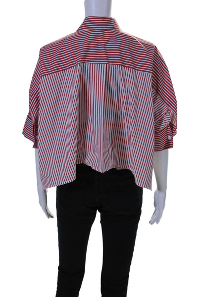 Meimeij Womens Cotton Blend Red Striped Collar Button Down Boxy Shirt Size 38