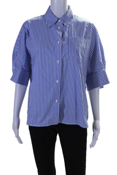 Meimeij Womens Cotton Blend Blue Striped Collar Button Down Boxy Shirt Size 38