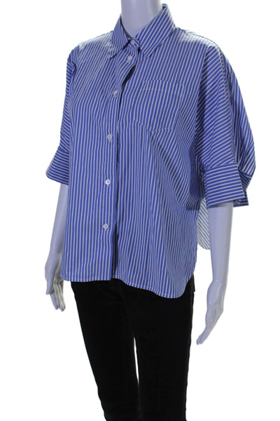 Meimeij Womens Cotton Blend Blue Striped Collar Button Down Boxy Shirt Size 38