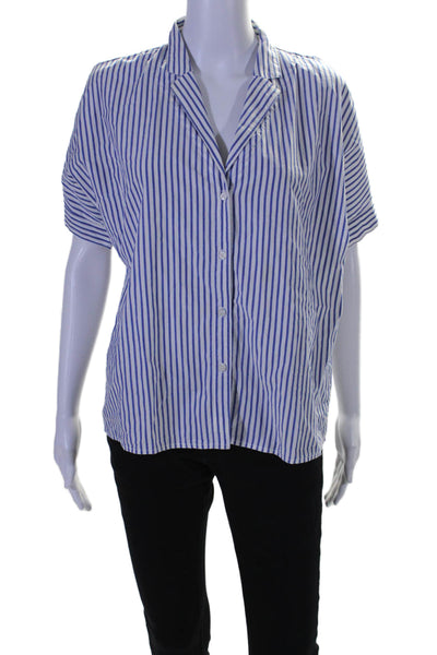 Stateside Women's Collared Short Sleeves Button Down Shirt Blue Striped Size S