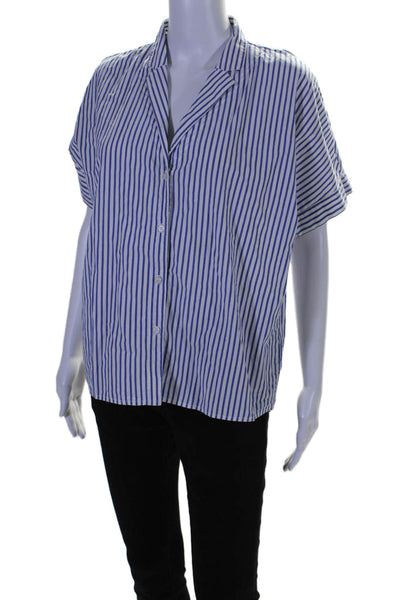 Stateside Women's Collared Short Sleeves Button Down Shirt Blue Striped Size S