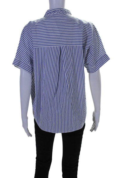 Stateside Women's Collared Short Sleeves Button Down Shirt Blue Striped Size S