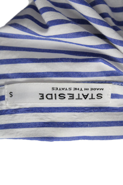 Stateside Women's Collared Short Sleeves Button Down Shirt Blue Striped Size S