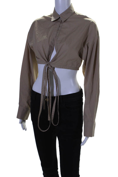 Kimberly Taylor Women's Collared Long Sleeves Wrap Cropped Blouse Beige Size S