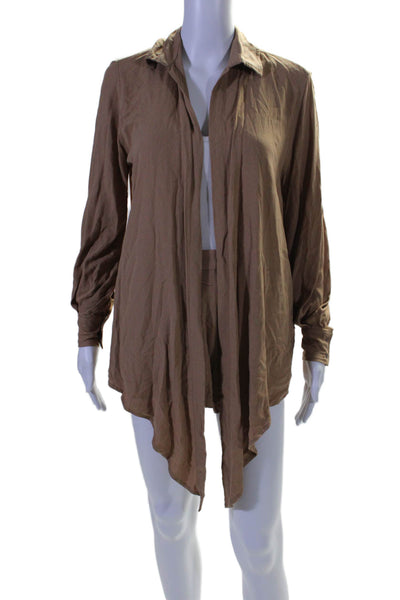 Indah Women's Collared Long Sleeves Button Down Two Piece Sets Tan Size XS