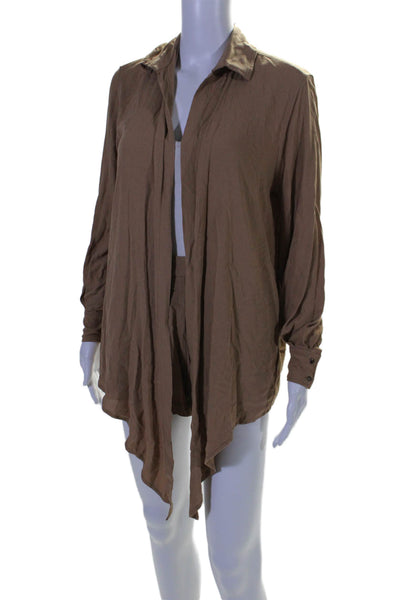 Indah Women's Collared Long Sleeves Button Down Two Piece Sets Tan Size XS