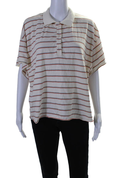 The Great Womens Cotton Striped Print Half Button Collared Polo Top Beige Size 2