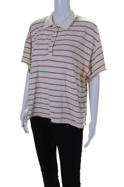 The Great Womens Cotton Striped Print Half Button Collared Polo Top Beige Size 2