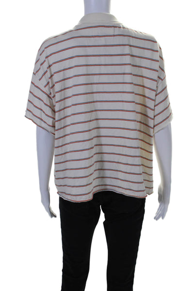 The Great Womens Cotton Striped Print Half Button Collared Polo Top Beige Size 2