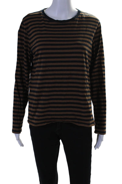 Kule Womens Cotton Striped Print Long Sleeve Round Neck T-Shirt Brown Size M