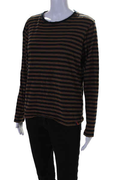 Kule Womens Cotton Striped Print Long Sleeve Round Neck T-Shirt Brown Size M