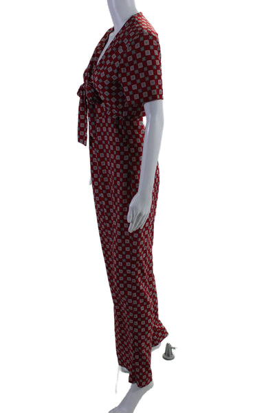 Sandro Womens Short Sleeve Tie Front Zip Graphic Print Jumpsuit Red Size EUR 38