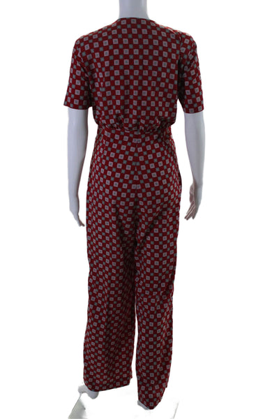 Sandro Womens Short Sleeve Tie Front Zip Graphic Print Jumpsuit Red Size EUR 38