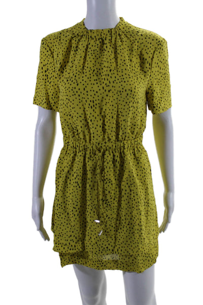 A.L.C. Womens Silk Short Sleeve Drawstring Waist Polka Dotted Dress Yellow Size