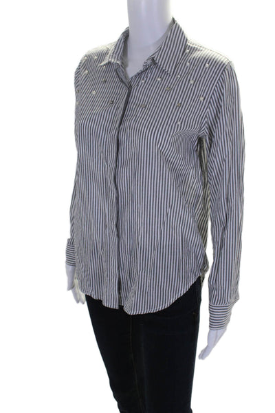 Rails Womens Cotton Long Sleeve Striped Embellished Blouse Blue Size XS