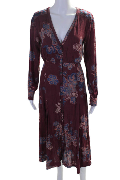 Free People Womens Floral Long Sleeve Button Up Maxi Dress Burgundy Size 4