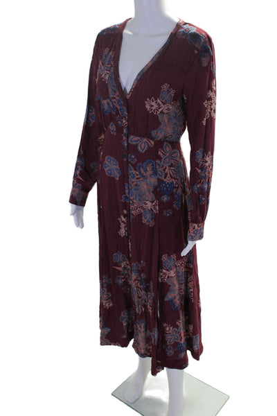 Free People Womens Floral Long Sleeve Button Up Maxi Dress Burgundy Size 4