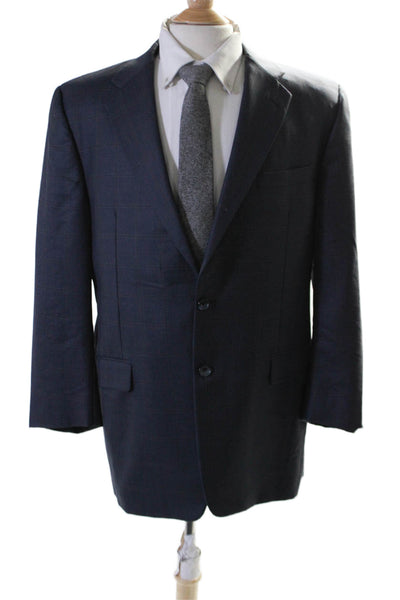 Hickey Freeman Mens Plaid Two Button Blazer Navy Blue Wool Size 42 Regular