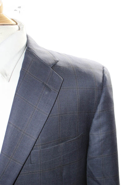 Hickey Freeman Mens Plaid Two Button Blazer Navy Blue Wool Size 42 Regular