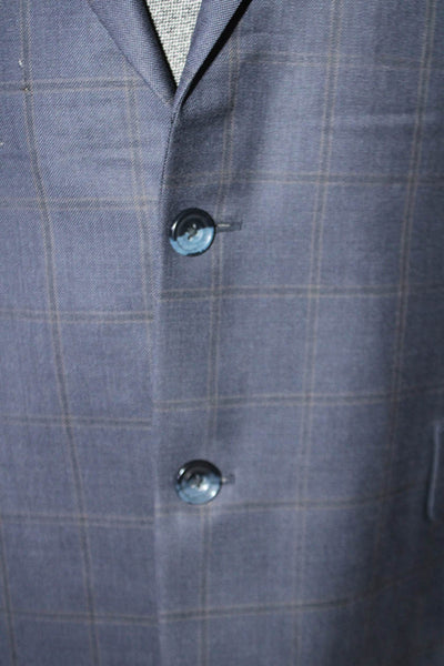 Hickey Freeman Mens Plaid Two Button Blazer Navy Blue Wool Size 42 Regular