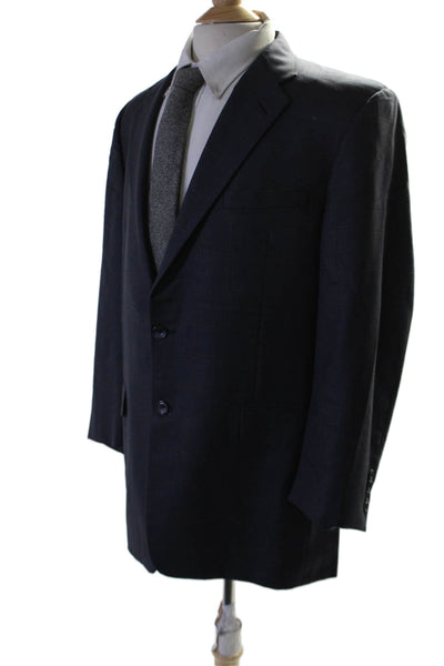 Hickey Freeman Mens Plaid Two Button Blazer Navy Blue Wool Size 42 Regular