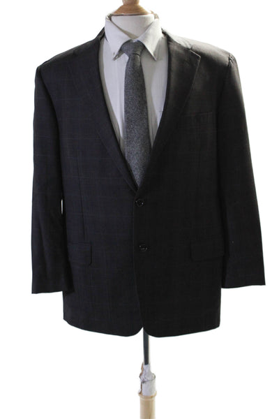 Hickey Freeman Mens Plaid Two Button Blazer Jacket Black Blue Wool Size 44 Regul