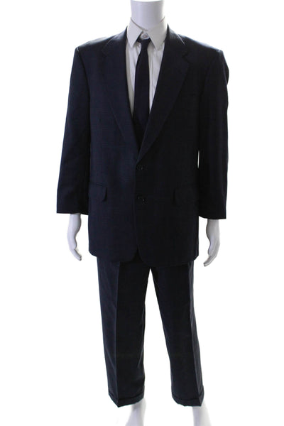 Coppley Mens Plaid Two Button Pleated Front Suit Black Wool Size 41 Regular/35