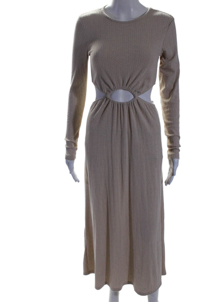 Zara Womens Stretch Cut Out Round Neck Long Sleeve Maxi Dress Beige Size M