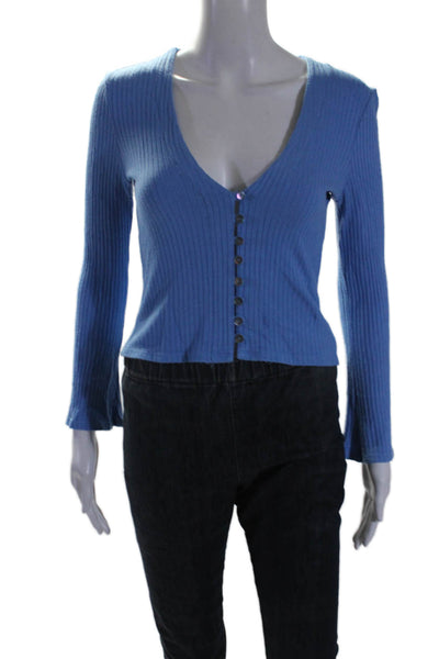 Reformation Womens Ribbed Long Sleeves V Neck Button Down Sweater Blue Size Medi