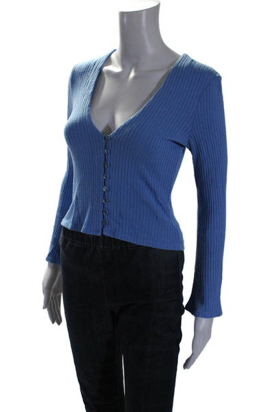 Reformation Womens Ribbed Long Sleeves V Neck Button Down Sweater Blue Size Medi