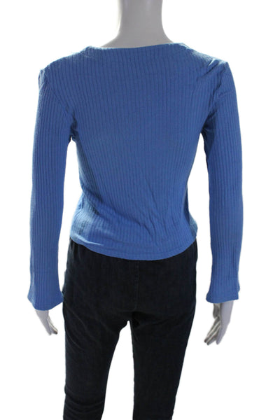 Reformation Womens Ribbed Long Sleeves V Neck Button Down Sweater Blue Size Medi