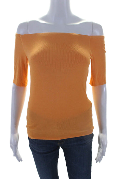 Enza Costa Women's Boat Neck Short Sleeves Ribbed Blouse Orange Size L